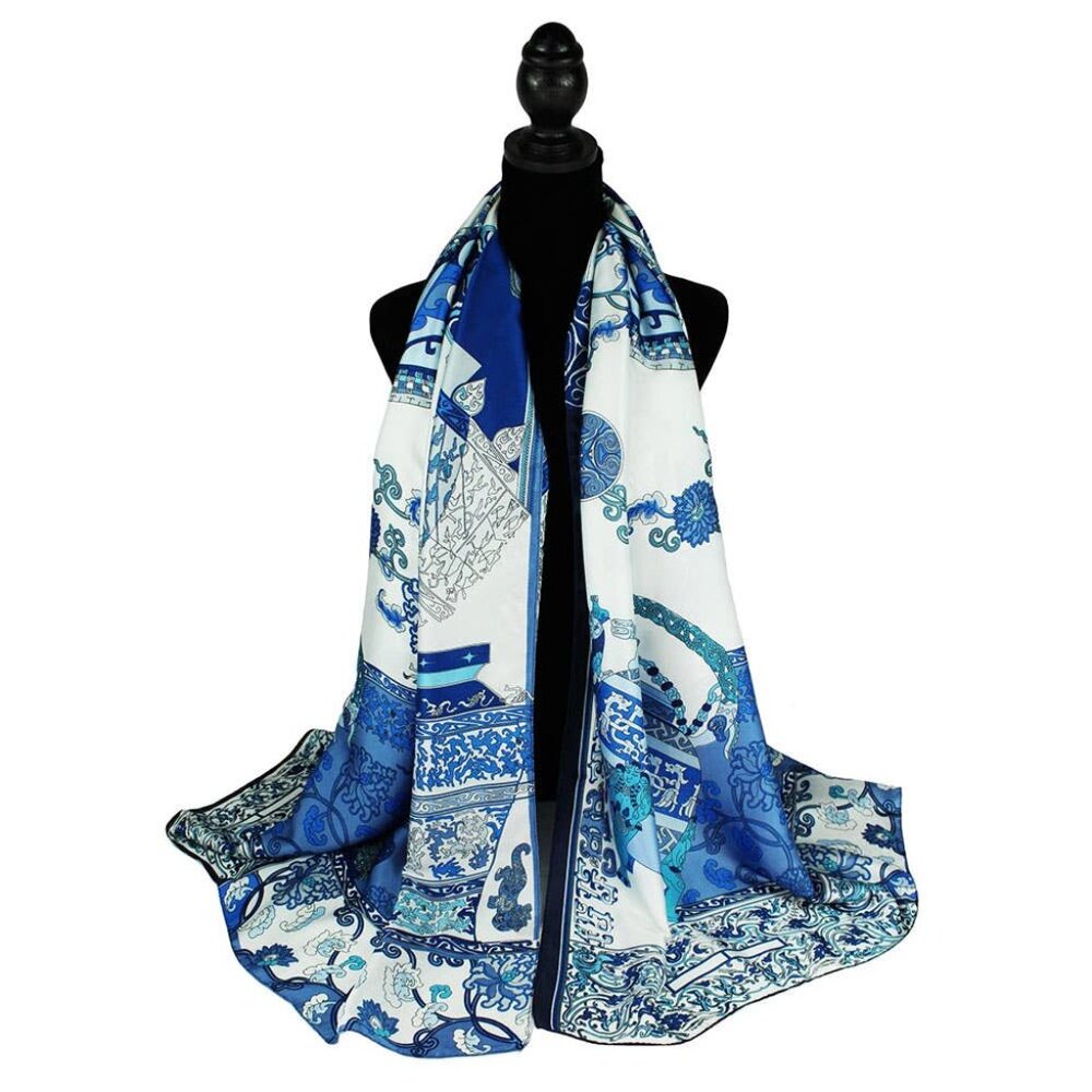 NWT Elegant Porcelain Inspired Pattern Printed Oblong Silky Satin Scarf Shawl